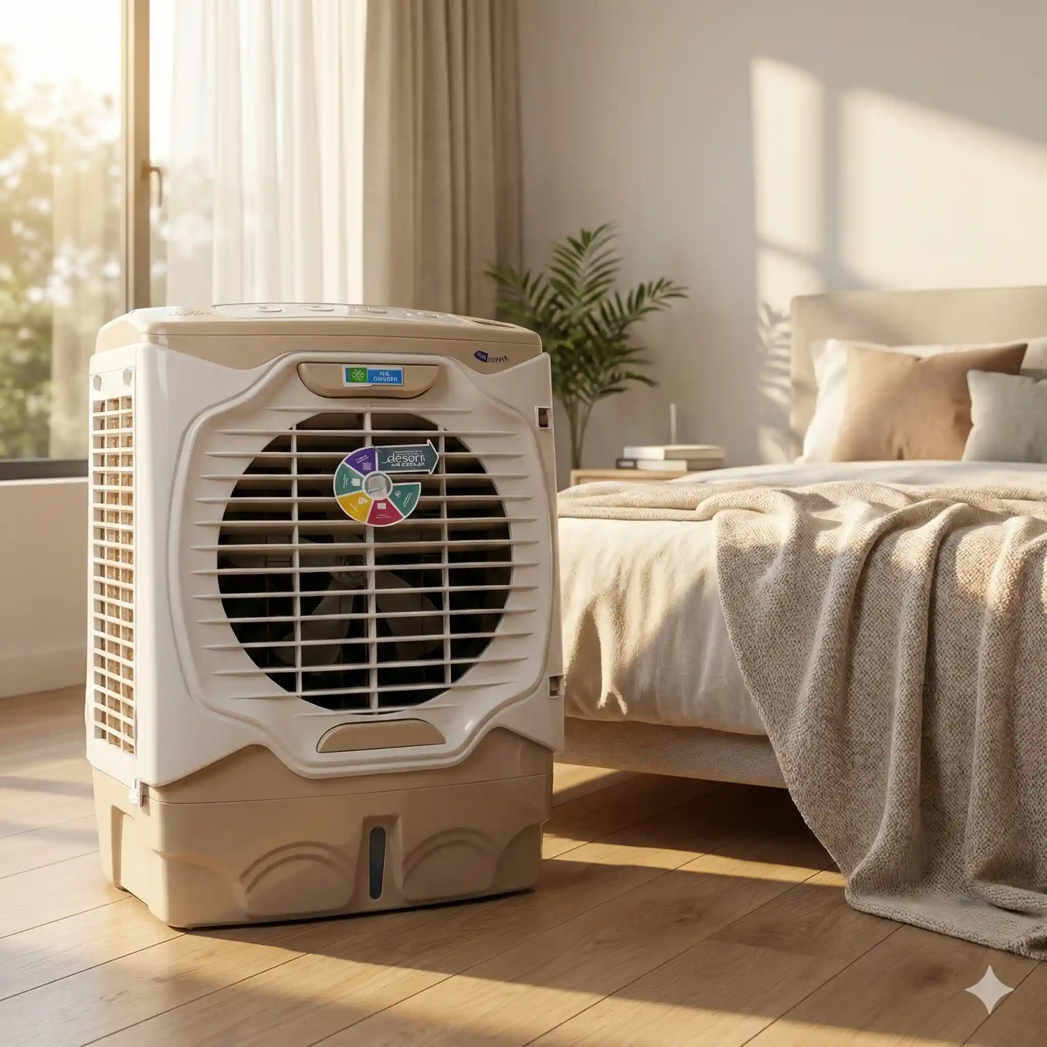 Younas air cooler placed in modern bedroom for low noise and energy efficient cooling