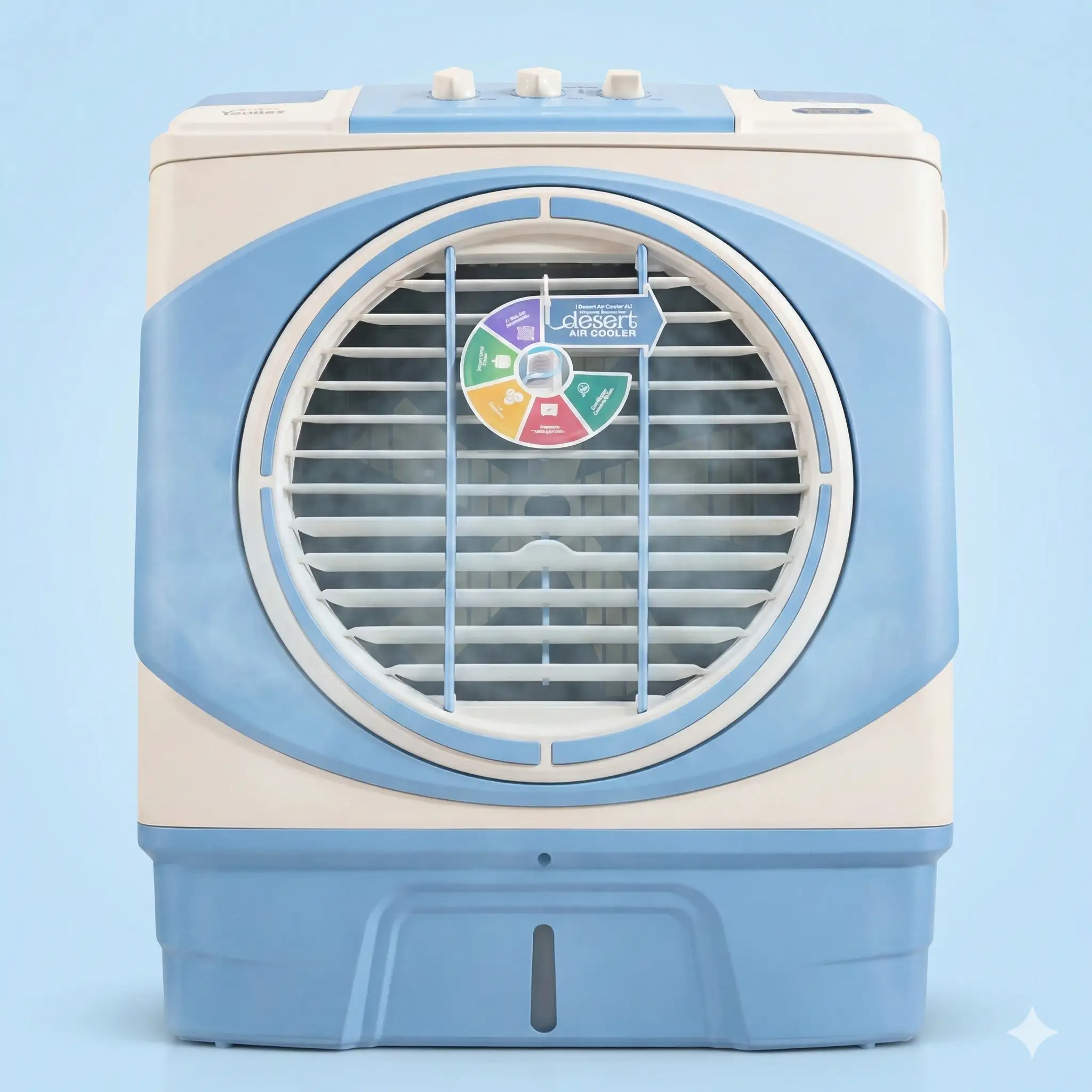 Front view of Younas Home Appliances air cooler with honeycomb cooling pads and powerful copper motor